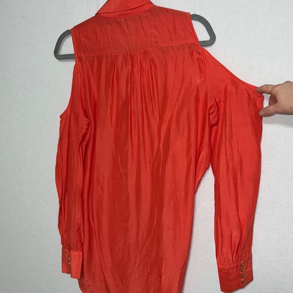 Cold Shoulder Coral Button Up Blouse Women’s Size Large Relaxed Fit Bright - Picture 6 of 7